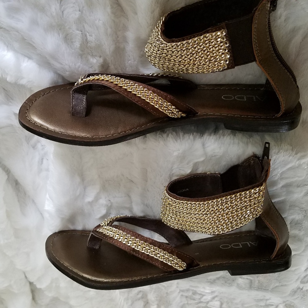 Aldo Womens Leather Brown And Gold Sandals